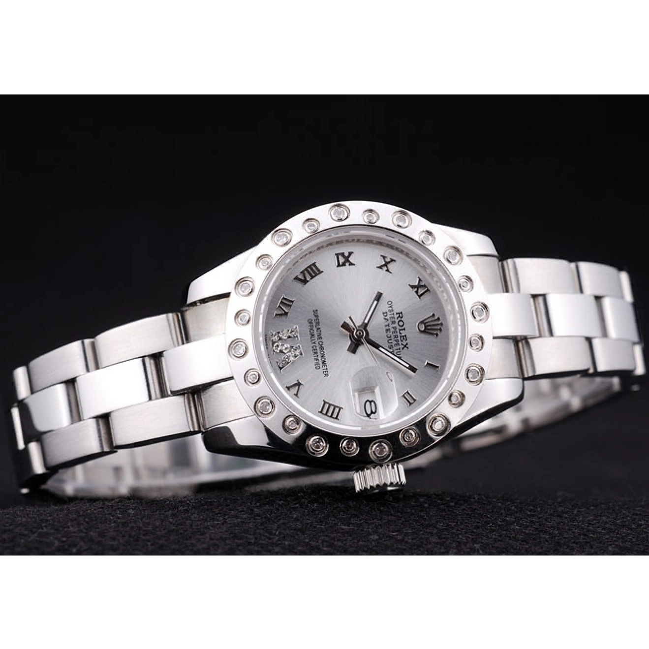 AAA replica watch Polished Silver Rolex Silver Datejust Bezel 7474 Dial Diamonds 0728